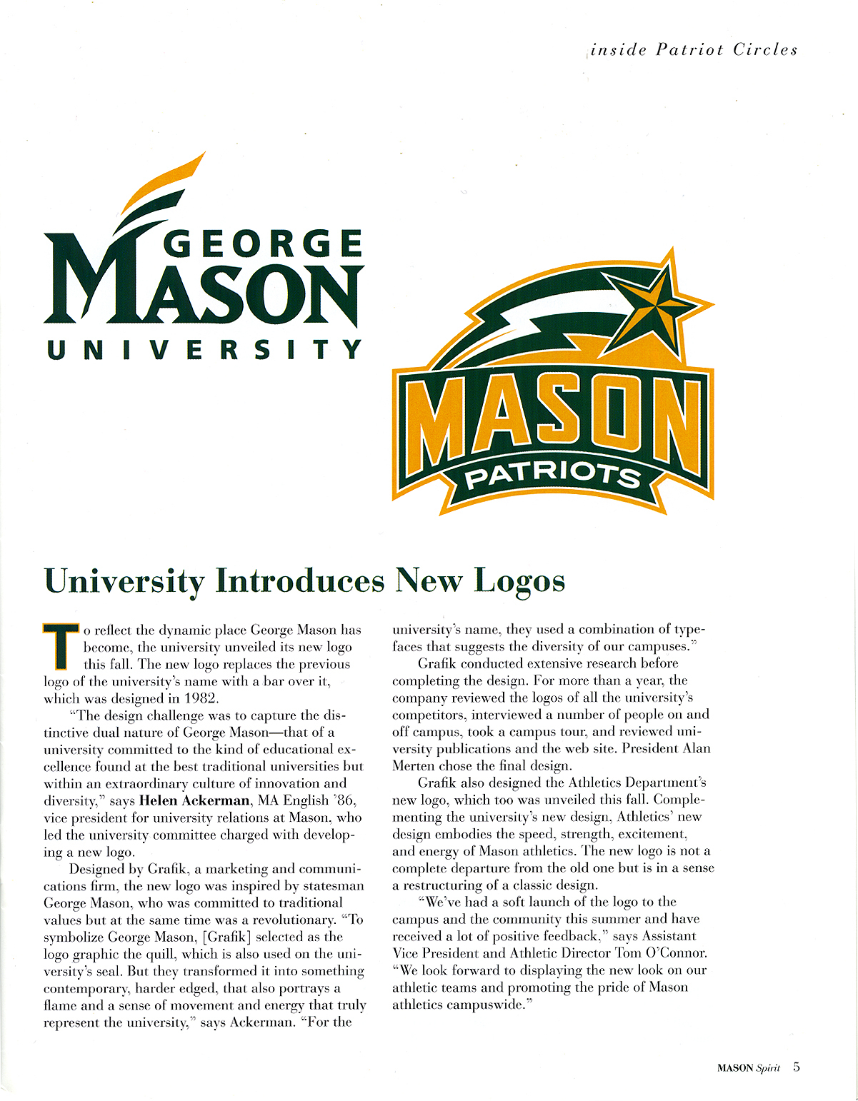 "University Introduces New Logos," article from <em>The Mason Spirit </em>magazine, Fall 2004