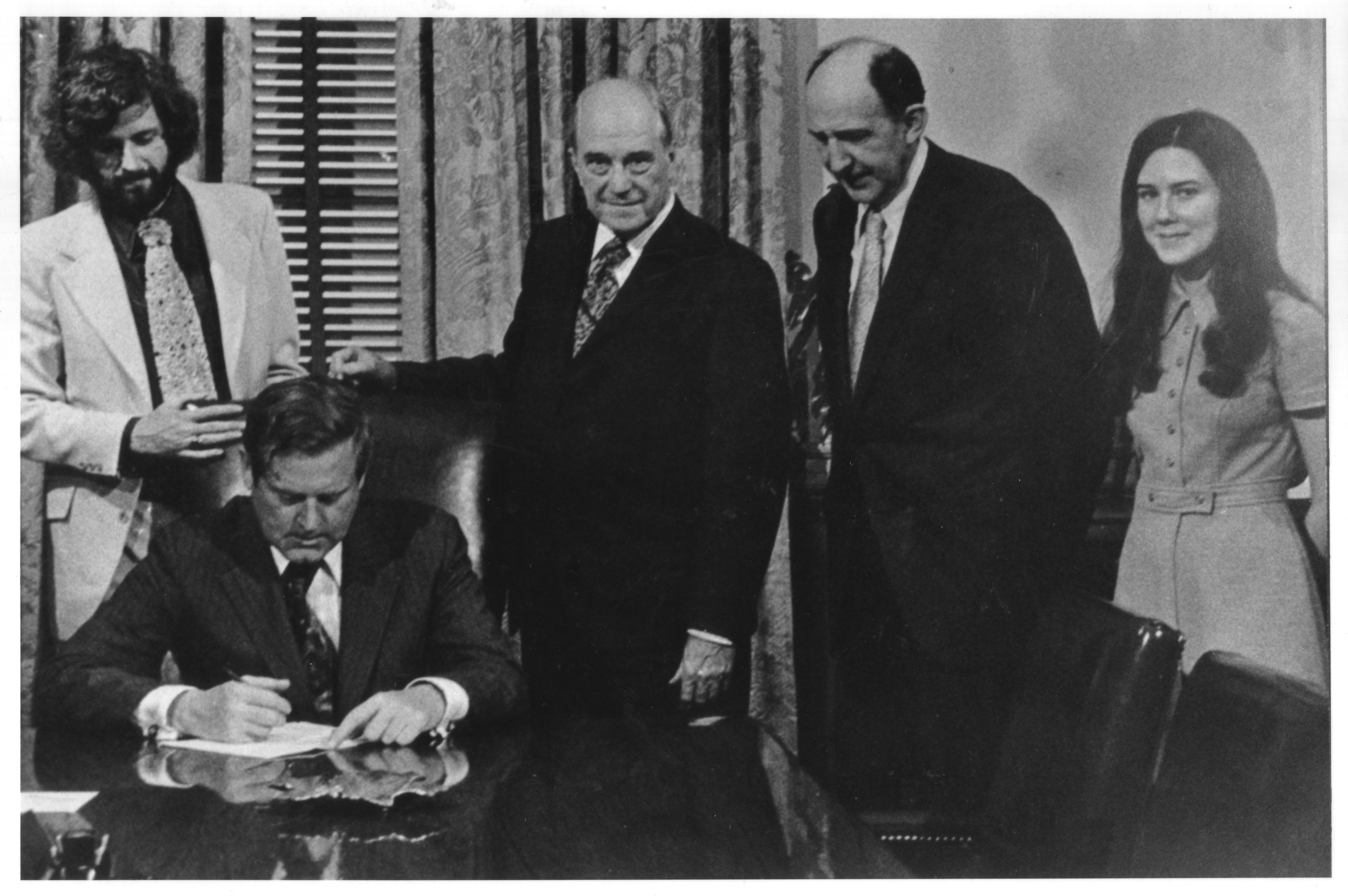 Governor A. Linwood Holton signs H-210 separating George Mason College from the University of Virginia, April 7, 1972 