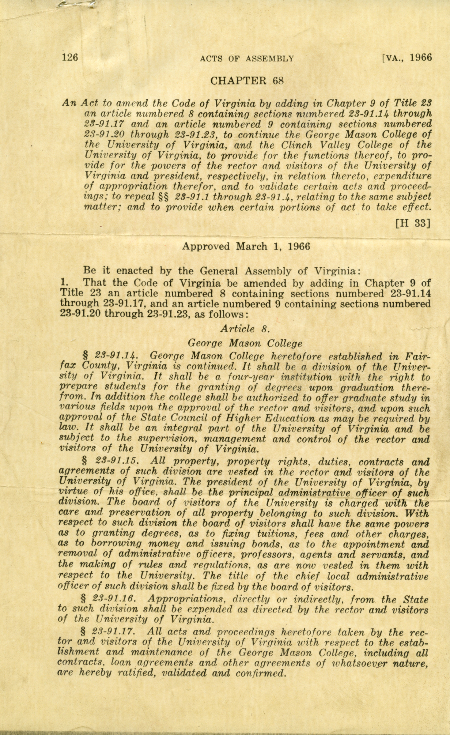 Acts of Assembly, Chapter 68 [H33] Article 8. George Mason College, March 1, 1966.