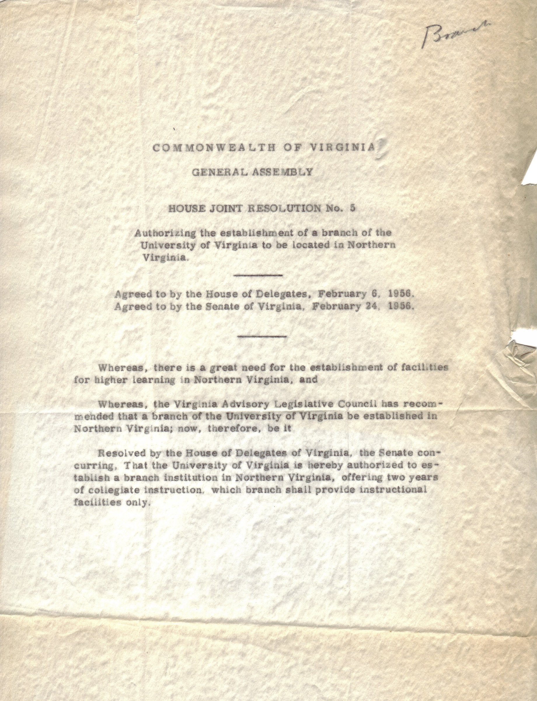 Commonwealth of Virginia: House Joint Resolution #5, February 24, 1956.