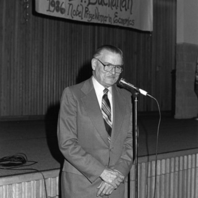 James Buchanan speaks at a reception on the Fairfax Campus congratulating him on the Nobel Prize, 1986.